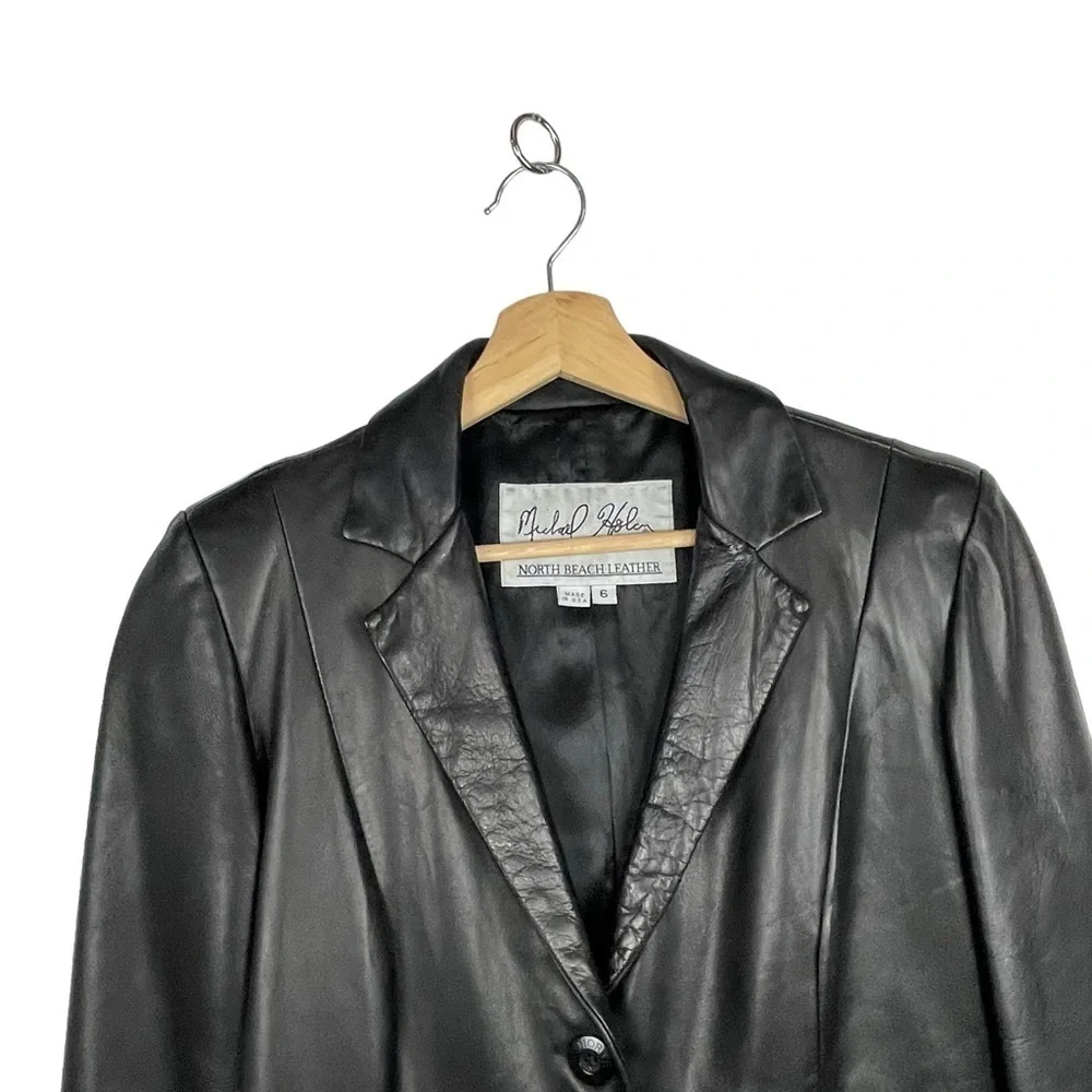 MICHAEL HOBAN NORTH BEACH BLACK LEATHER 90S 3 BUTTON NOTCH COLLAR BLAZER JACKET